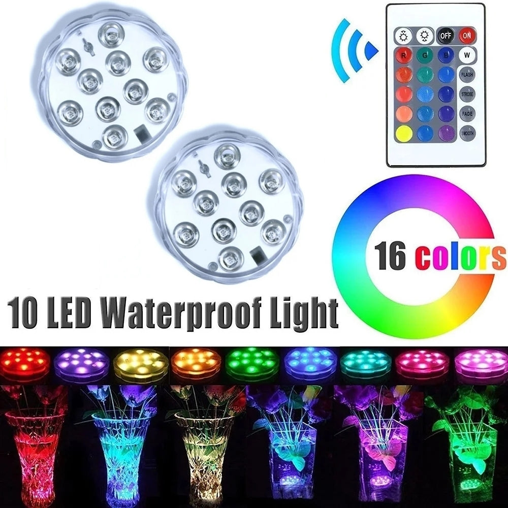 10 LED Submersible Lights IP68 Waterproof RGB Multicolor Remote Control Pool Lighting Image 1