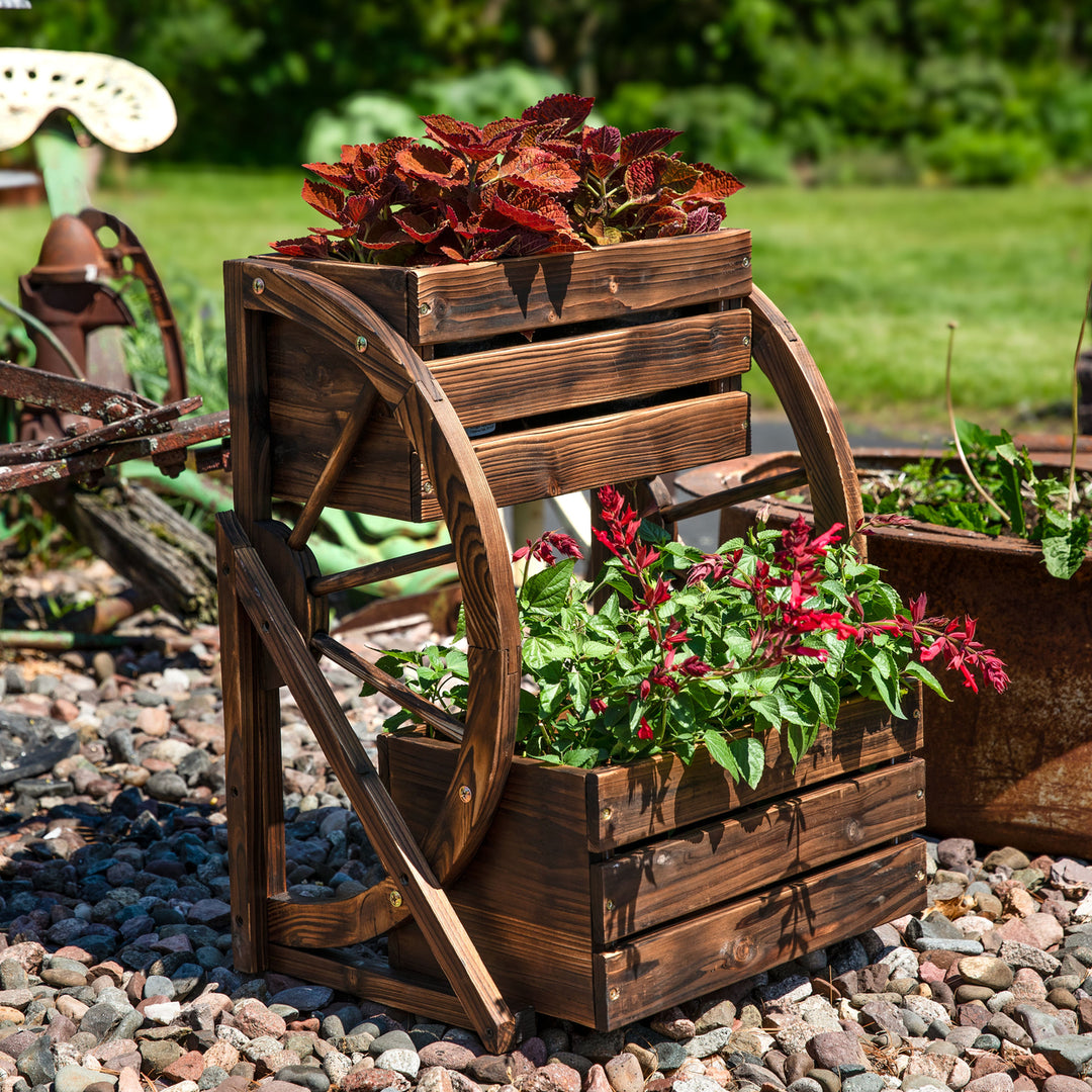 Sunnydaze 2-Tier Fir Wood Wagon Wheel Planter - Charred Fir Image 4