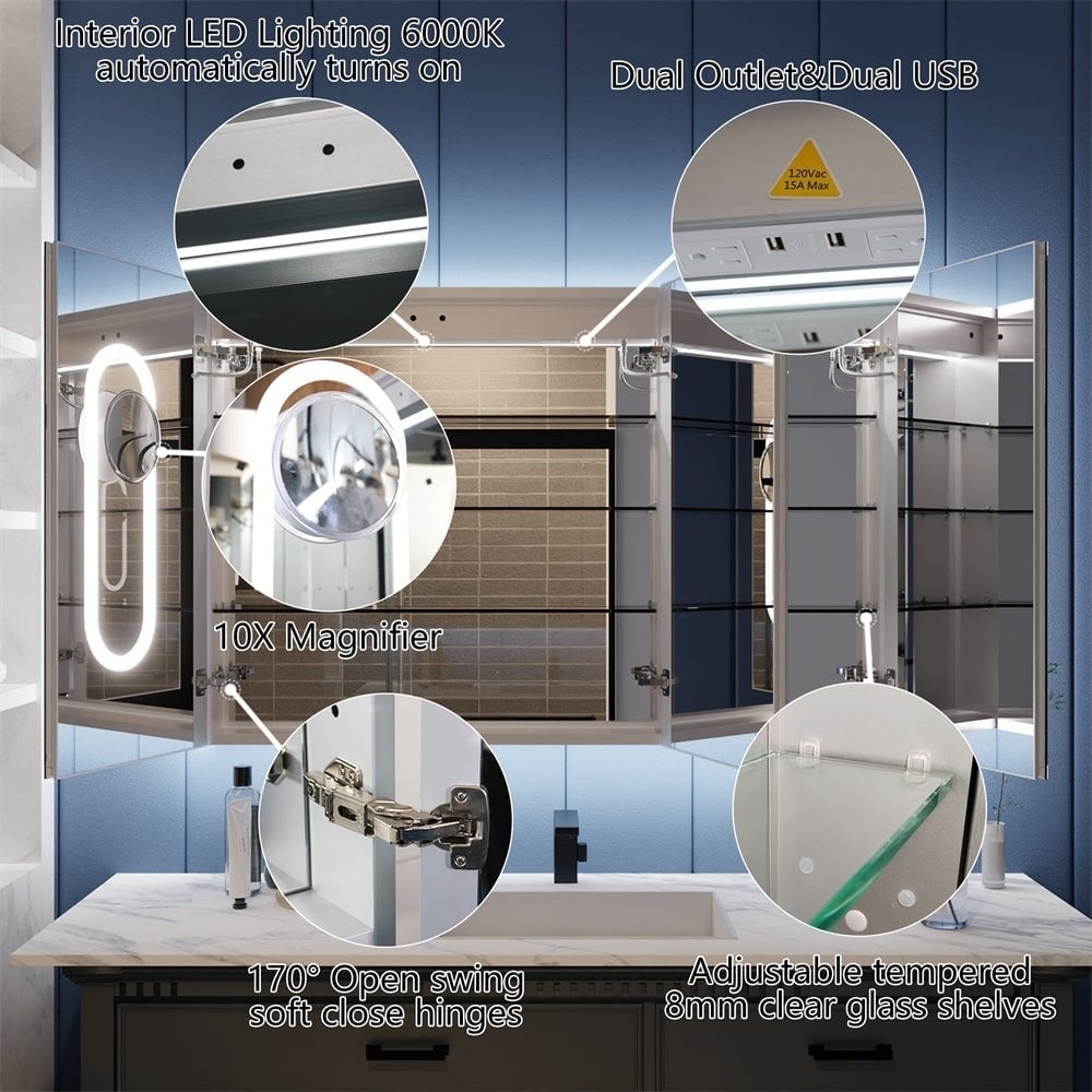 Illusion 48x32 LED Lighted Medicine Cabinet with Magnifiers and USB Ports Image 6