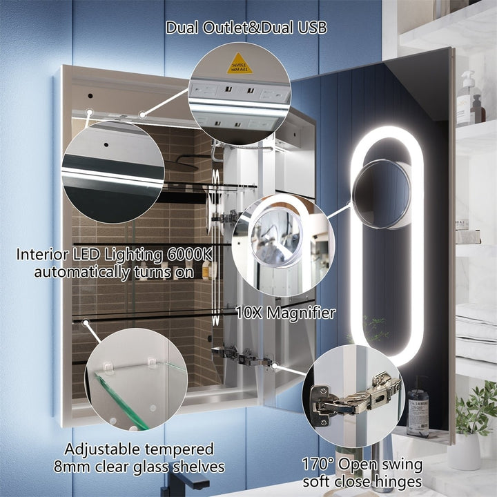 Illusion LED Lighted 24x32 Medicine Cabinet Magnifiers Right Hinge USB Ports Image 7