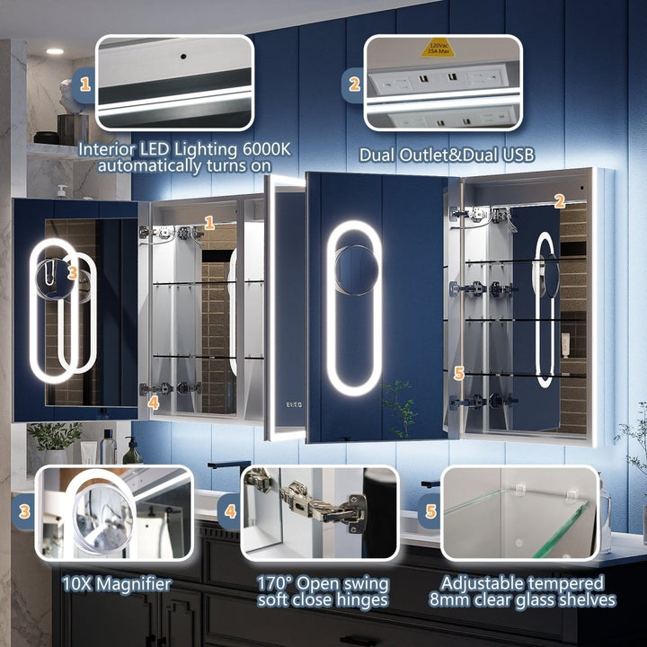 Illusion LED Lighted Medicine Cabinet 84"x32" with Magnifiers and USB Ports Image 7