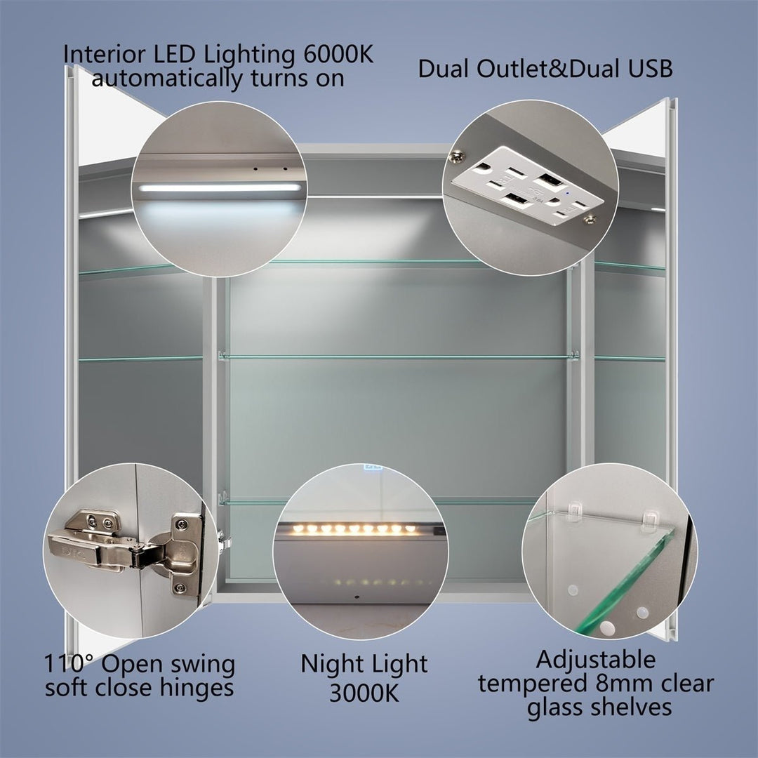 Boost-M2 Bathroom Lighted Medicine Cabinet 30x36 Recessed Defogger USB Dimmer Image 10