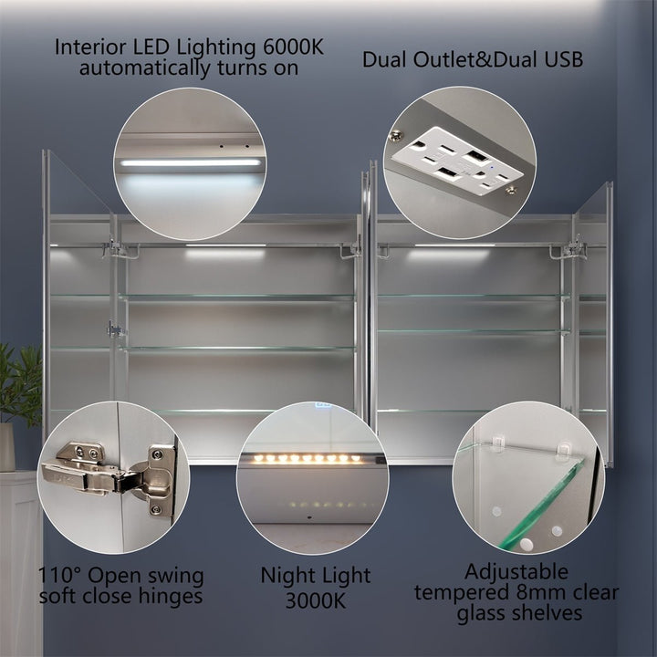 Boost-M2 66x36 Bathroom Medicine Cabinet LED Defogger Dimmer USB Outlets Image 8