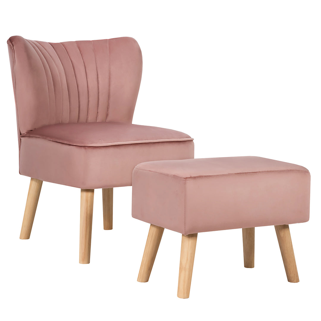 Costway Leisure Chair and Ottoman Thick Padded Velvet Tufted Sofa Set w/ Wood Legs Pink\Blue\ Green Image 6