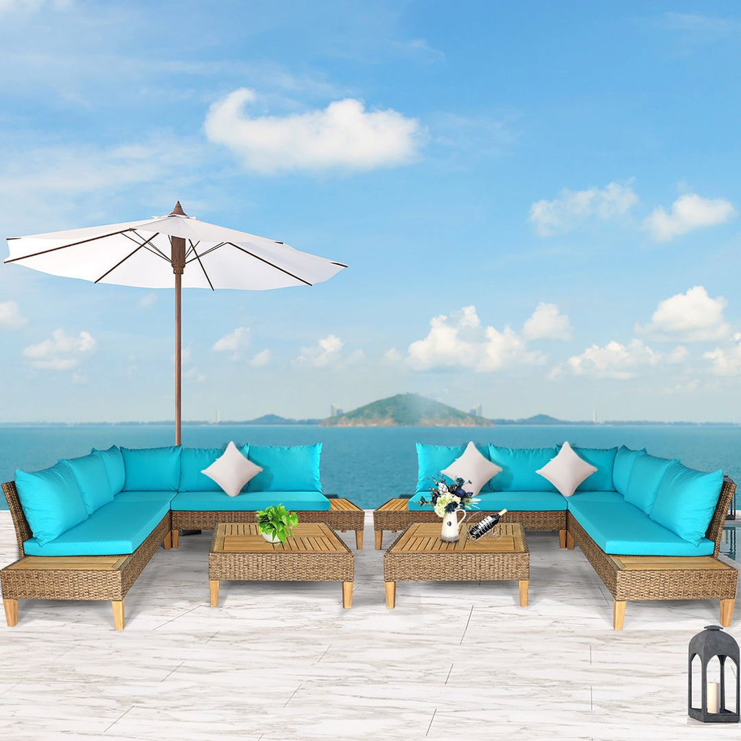 Patio Rattan Furniture Set Loveseat w/Wooden Side Table Cushioned Turquoise Image 1