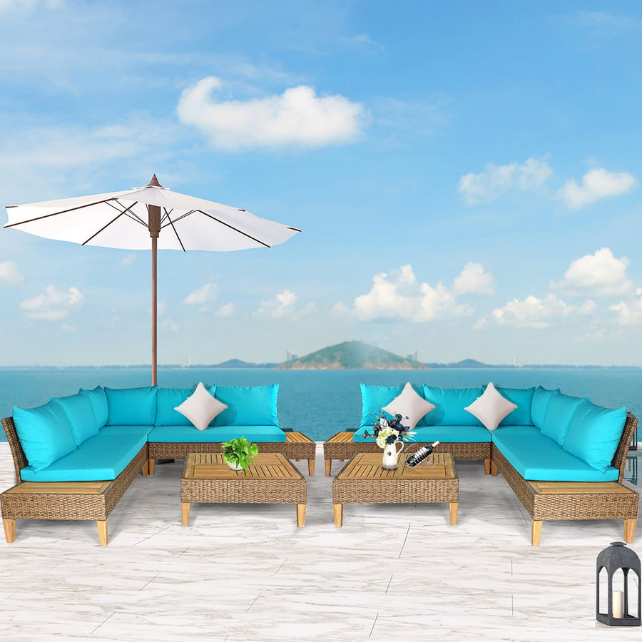 Patio Rattan Furniture Set Loveseat w/Wooden Side Table Cushioned Turquoise Image 1