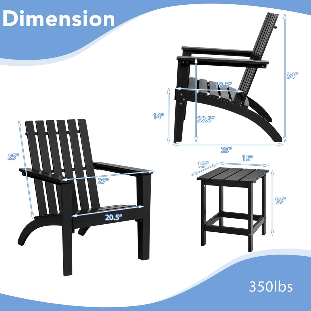 3PC Patio Adirondack Chairs Side Table Set Solid Wood Garden Deck Black Image 4