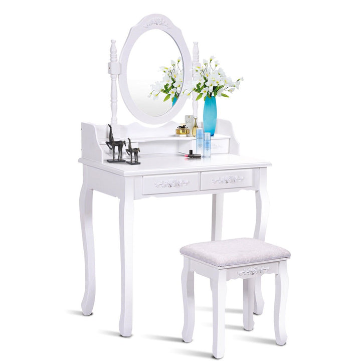 White Vanity Jewelry Makeup Dressing Table Stool 4 Drawer Image 2