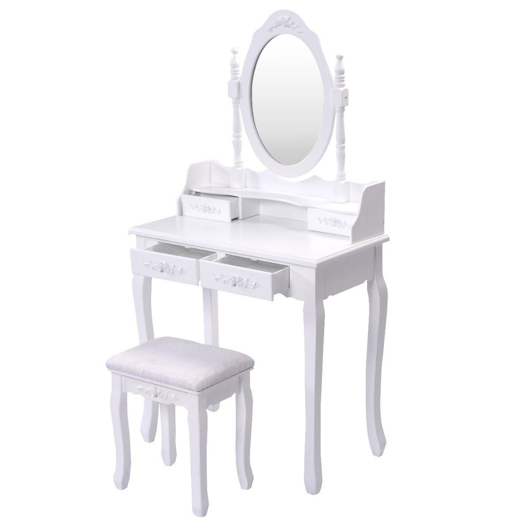 White Vanity Jewelry Makeup Dressing Table Stool 4 Drawer Image 3