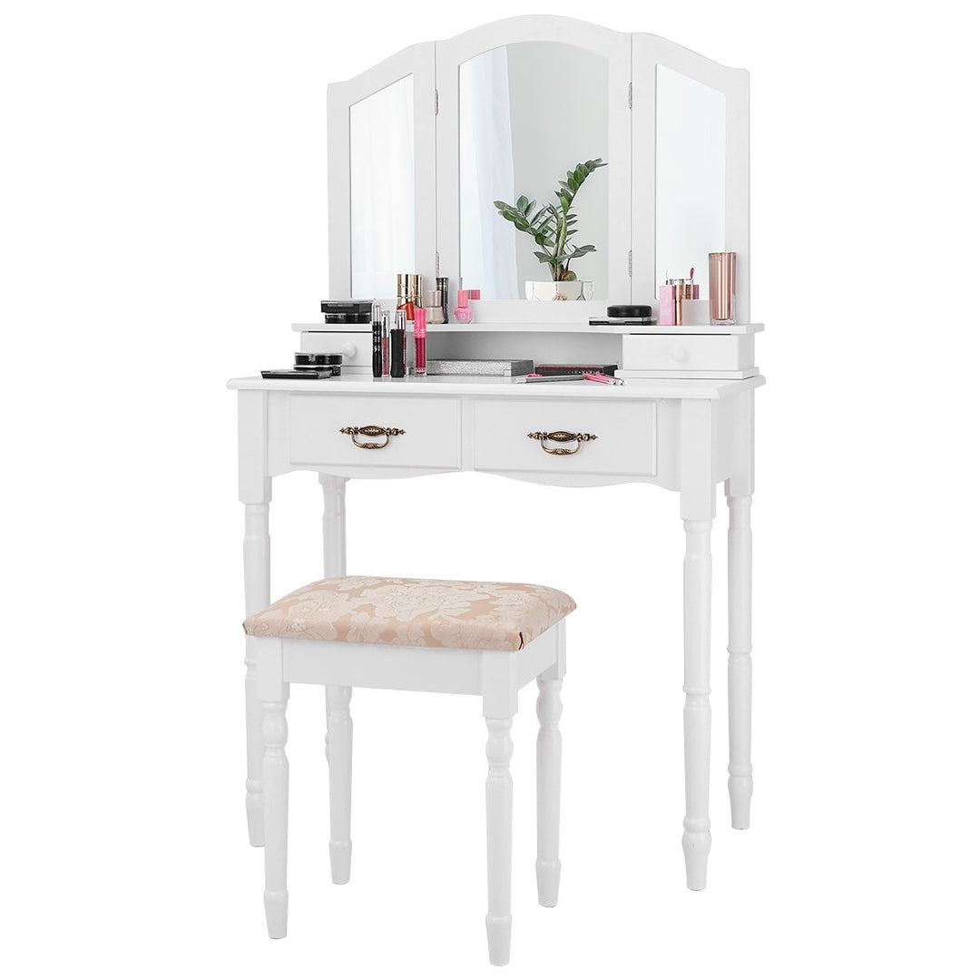 White Tri Folding Vanity Makeup Table Stool W/4 Drawers Image 3