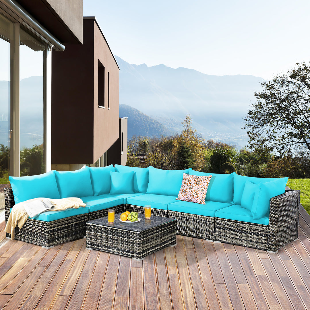 7PCS Patio Rattan Furniture Set Sectional Sofa Garden Turquoise Cushion Image 1