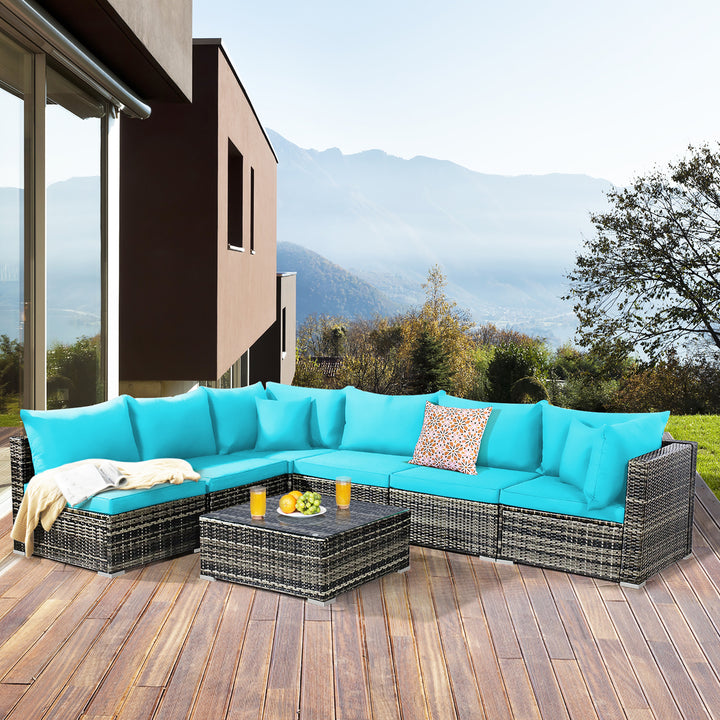 7PCS Patio Rattan Furniture Set Sectional Sofa Garden Turquoise Cushion Image 1