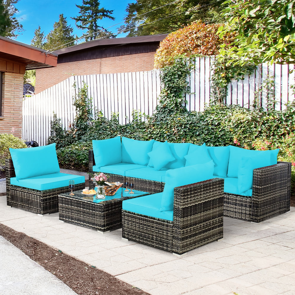 7PCS Patio Rattan Furniture Set Sectional Sofa Garden Turquoise Cushion Image 2