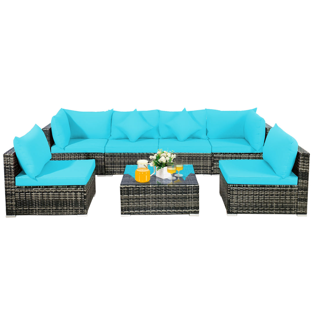 7PCS Patio Rattan Furniture Set Sectional Sofa Garden Turquoise Cushion Image 3