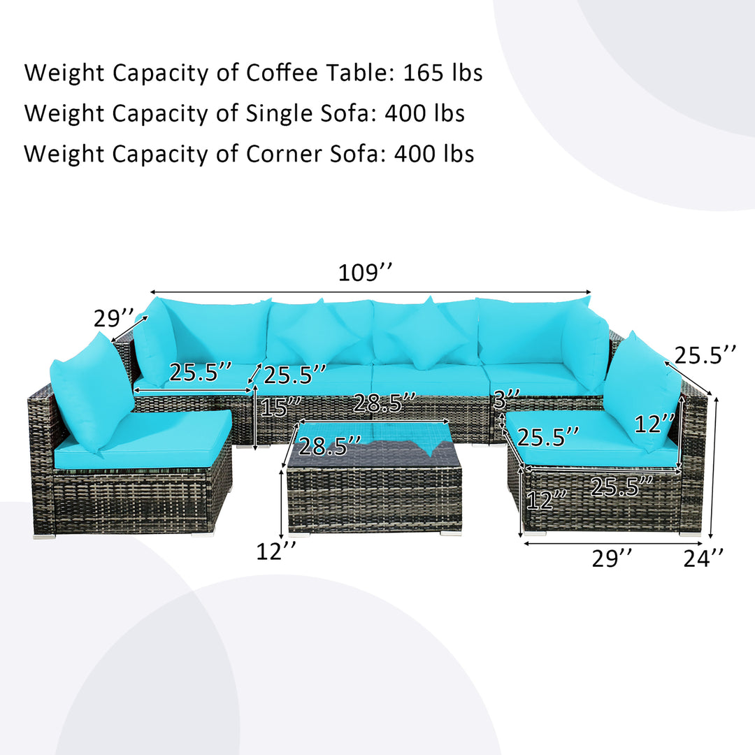 7PCS Patio Rattan Furniture Set Sectional Sofa Garden Turquoise Cushion Image 4