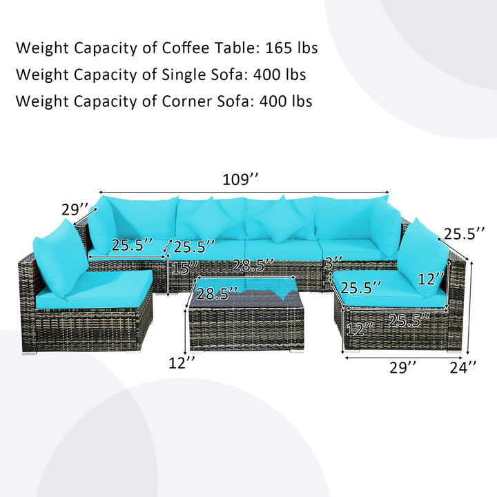 7PCS Patio Rattan Furniture Set Sectional Sofa Garden Turquoise Cushion Image 4