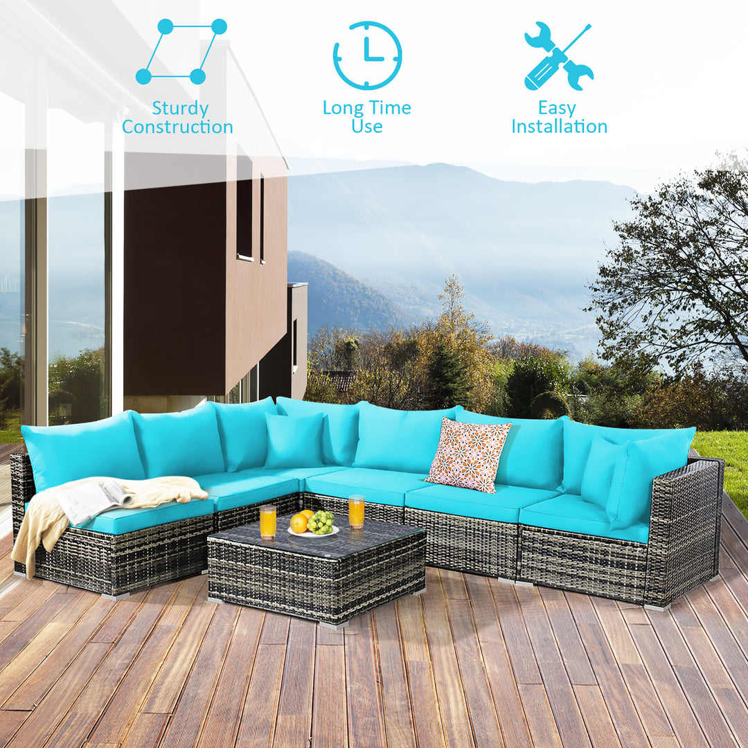 7PCS Patio Rattan Furniture Set Sectional Sofa Garden Turquoise Cushion Image 5