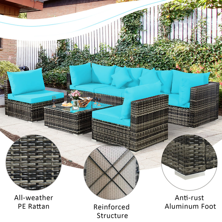 7PCS Patio Rattan Furniture Set Sectional Sofa Garden Turquoise Cushion Image 8