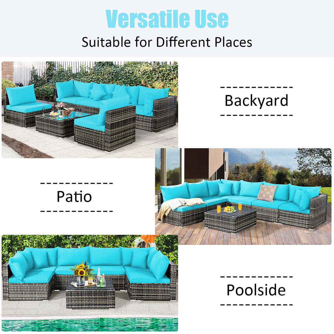 7PCS Patio Rattan Furniture Set Sectional Sofa Garden Turquoise Cushion Image 10