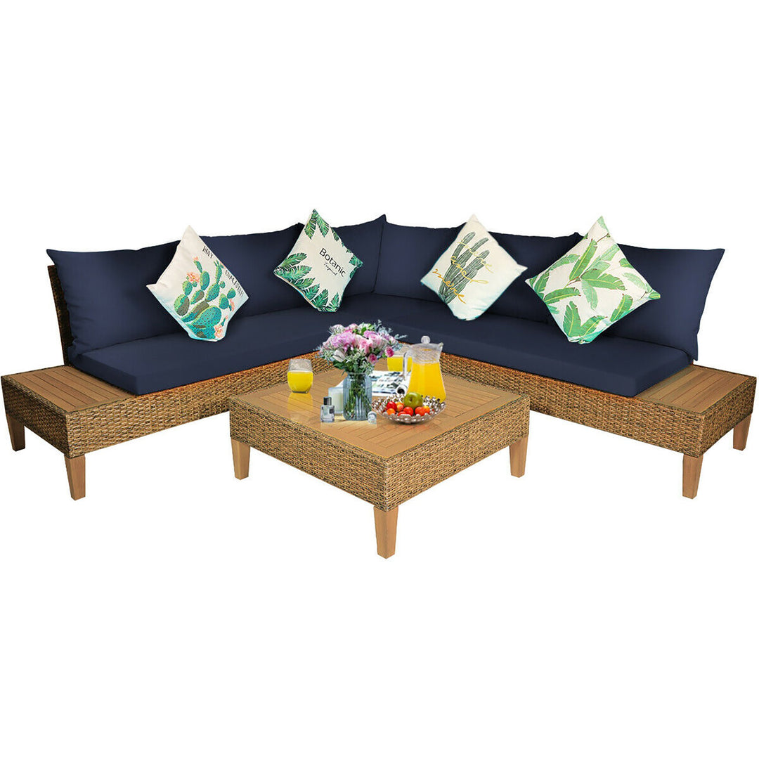 4PCS Patio Rattan Furniture Set Loveseat w/Wooden Side Table Cushioned Navy Image 2