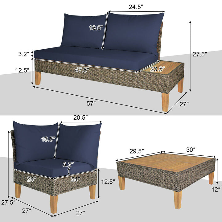 4PCS Patio Rattan Furniture Set Loveseat w/Wooden Side Table Cushioned Navy Image 3