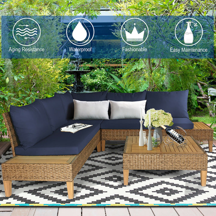 4PCS Patio Rattan Furniture Set Loveseat w/Wooden Side Table Cushioned Navy Image 4