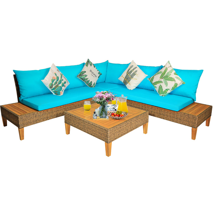 4PCS Patio Rattan Furniture Set Loveseat w/Wooden Side Table Cushioned Turquoise Image 2