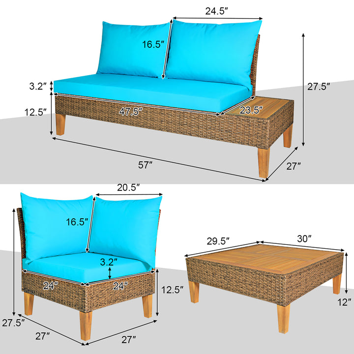 4PCS Patio Rattan Furniture Set Loveseat w/Wooden Side Table Cushioned Turquoise Image 3