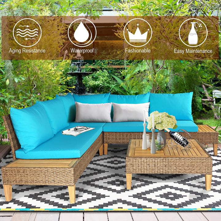 4PCS Patio Rattan Furniture Set Loveseat w/Wooden Side Table Cushioned Turquoise Image 4