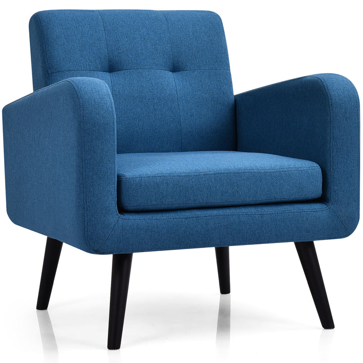 Costway Mid Century Accent Chair Fabric Arm Chair Single Sofa w/Rubber Wood Legs Blue\Grey Image 6