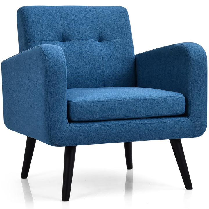 Costway Mid Century Accent Chair Fabric Arm Chair Single Sofa w/Rubber Wood Legs Blue\Grey Image 1