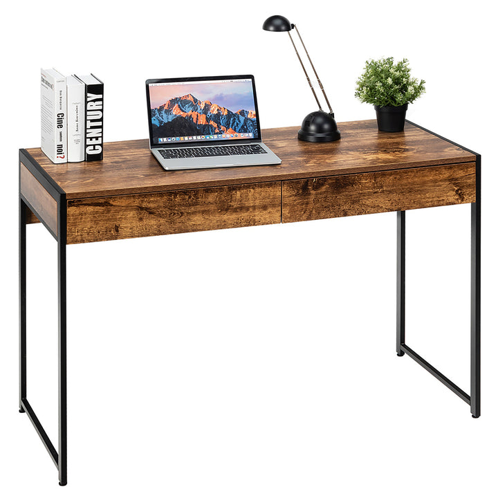 Costway 2-Drawer Computer Desk Study Table Writing Workstation Home Office Brown\Antique\Black Image 5