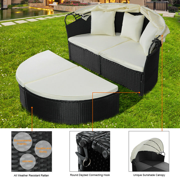 Outdoor Patio Sofa Furniture Round Retractable Canopy Daybed Black Wicker Rattan Image 2