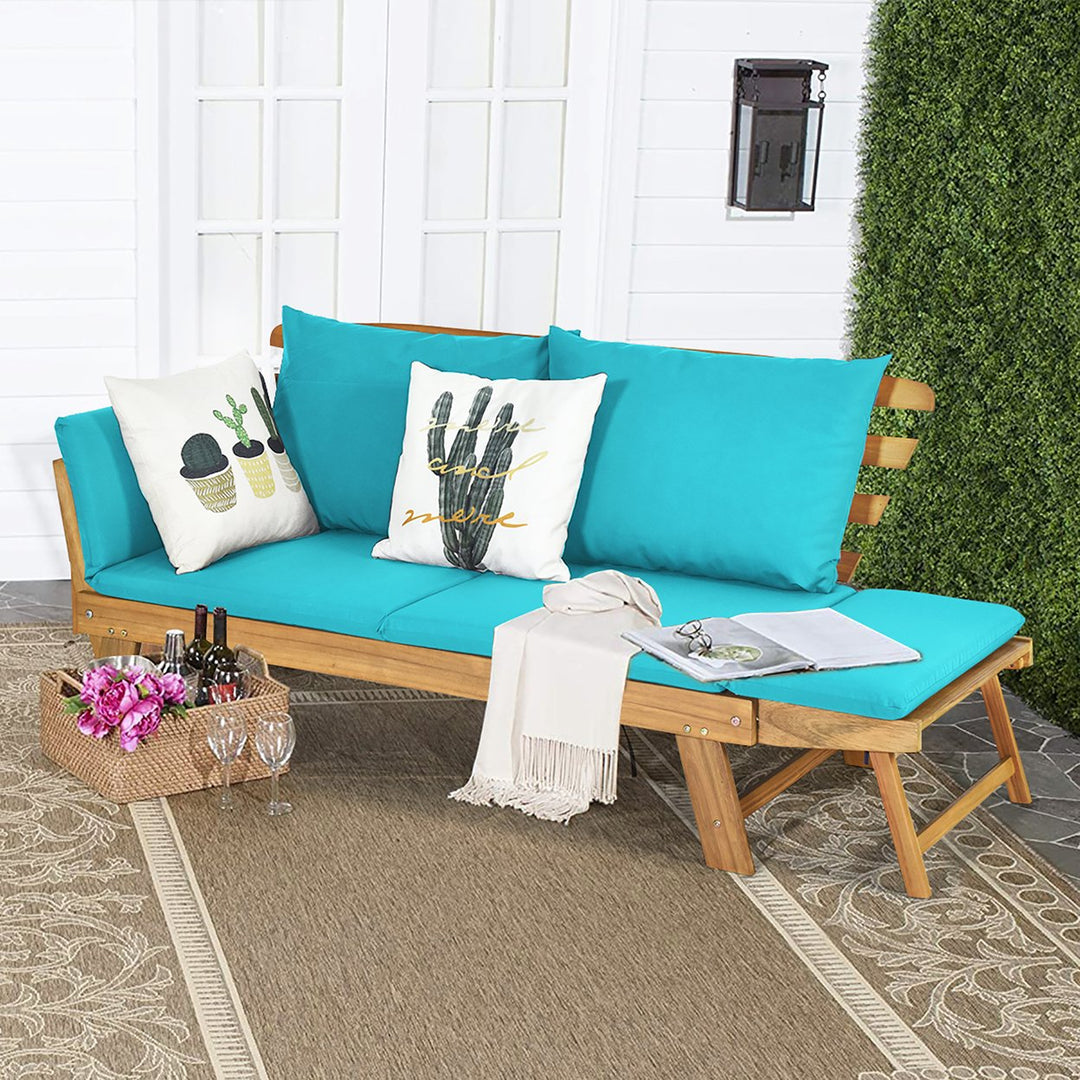 Costway Patio Convertible Sofa Daybed Solid Wood Adjustable Thick Cushion TurquoiseRedWhite Image 4