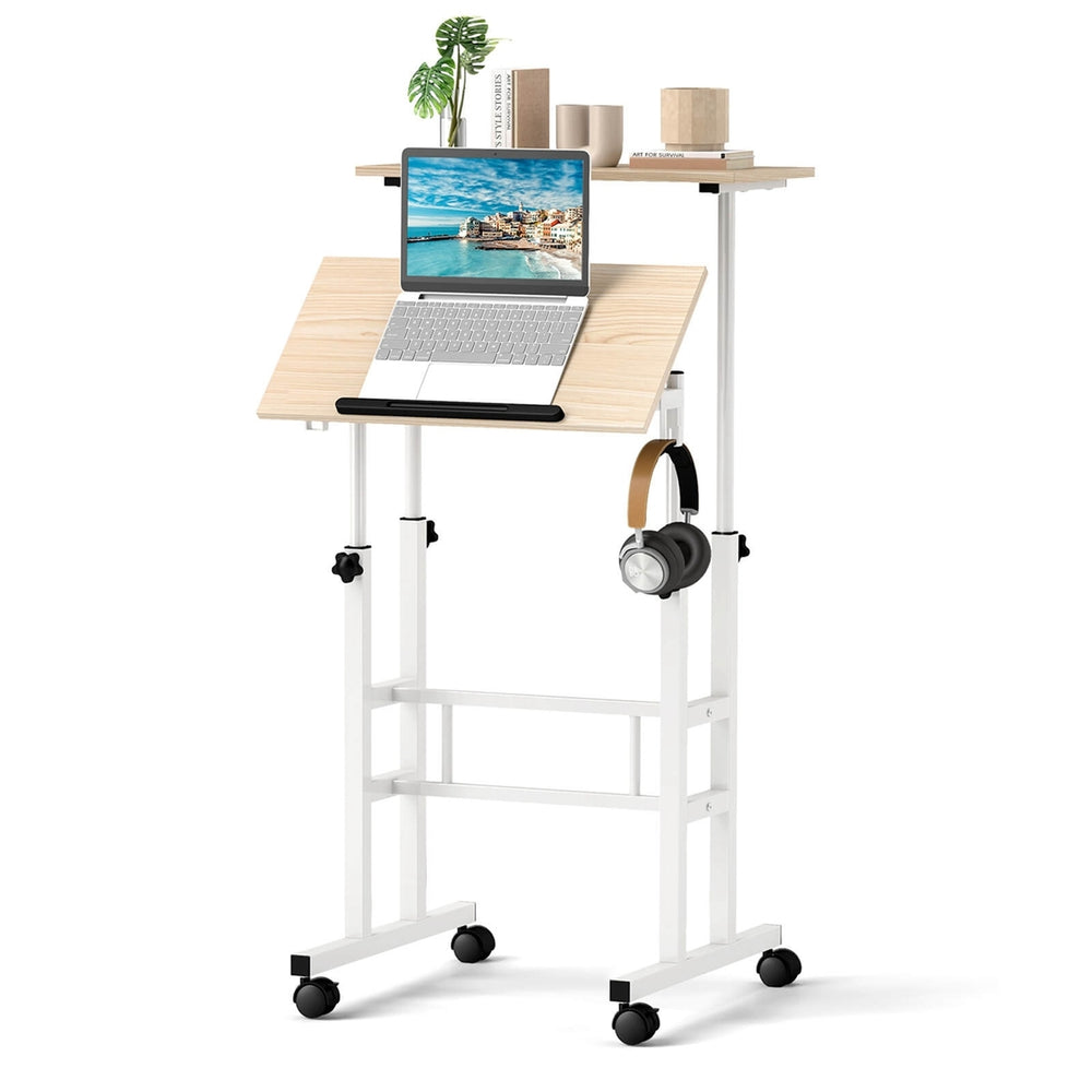 Costway Mobile Standing Desk Rolling Adjustable Laptop Cart Home Office Walnut/Natural/White Image 2