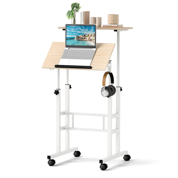 Costway Mobile Standing Desk Rolling Adjustable Laptop Cart Home Office Walnut/Natural/White Image 2