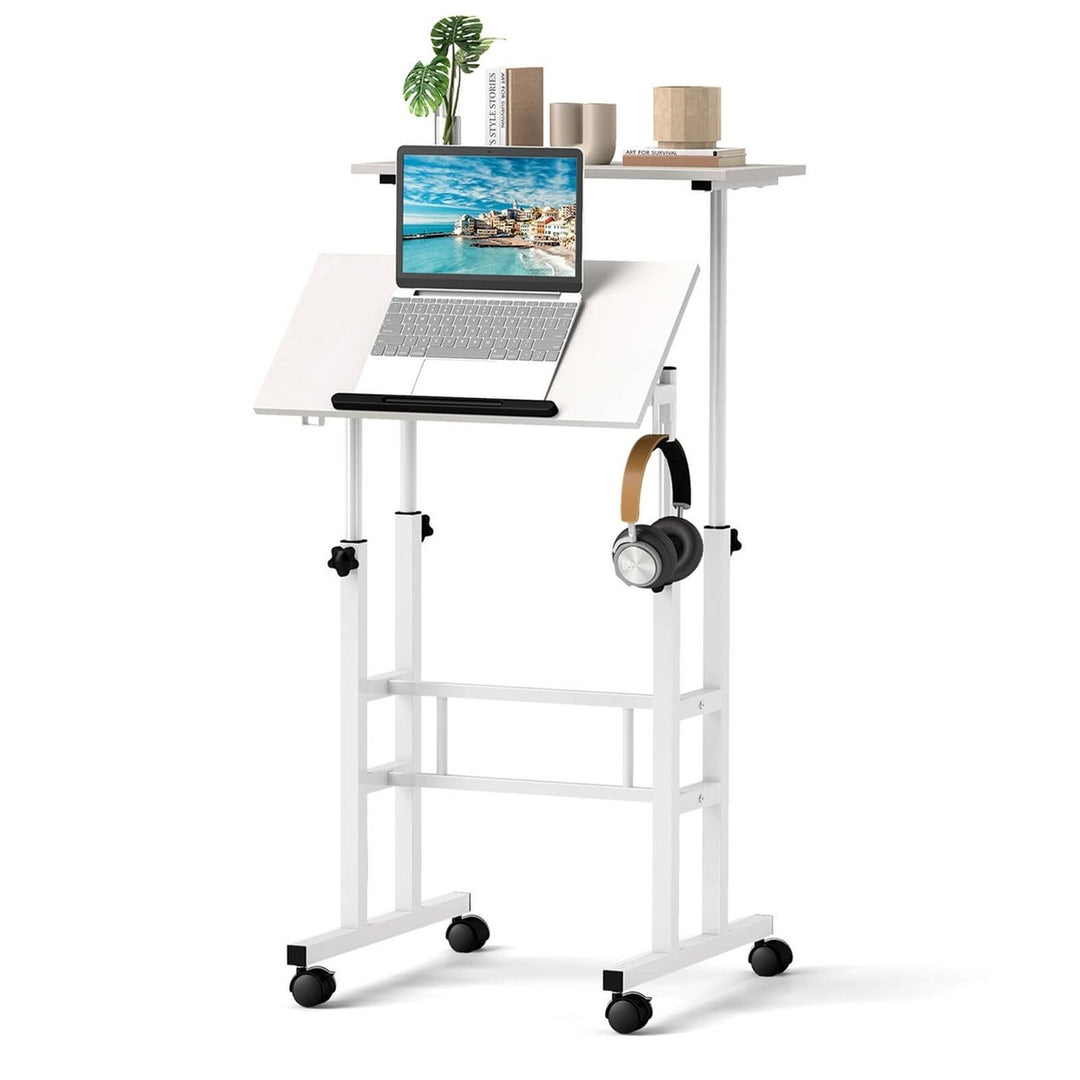 Costway Mobile Standing Desk Rolling Adjustable Laptop Cart Home Office Walnut/Natural/White Image 3