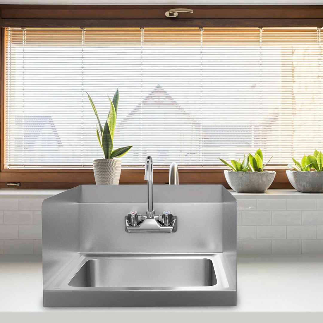 Stainless Steel Hand Washing Sink NSF Commercial with Faucet and Side Splashes Image 4