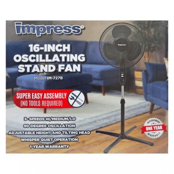 Impress 16-Inch Oscillating Stand Floor Fan 3-Speed Adjustable Height Metal Base Image 3