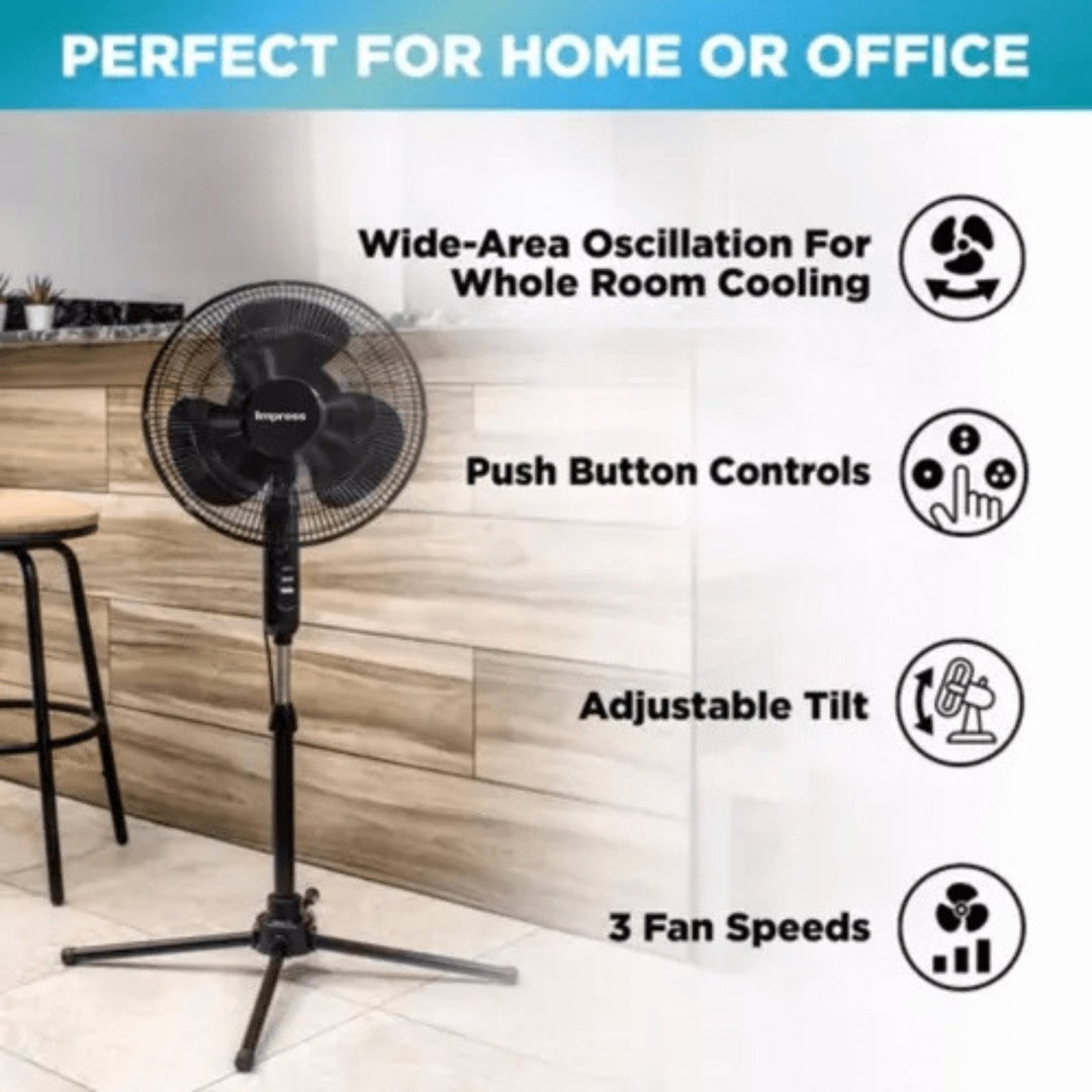 Impress 16-Inch Oscillating Stand Floor Fan 3-Speed Adjustable Height Metal Base Image 4