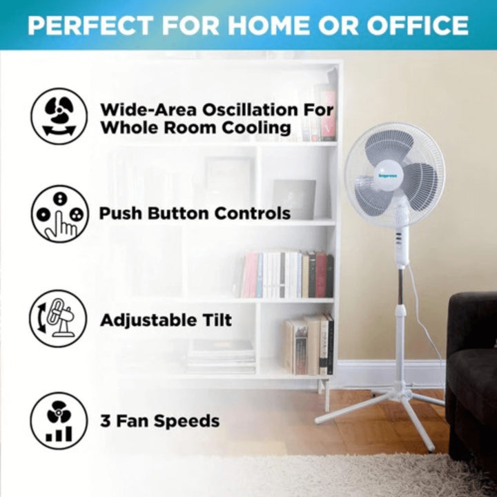 Impress 16-Inch Oscillating Stand Floor Fan 3-Speed Adjustable Height Metal Base Image 7