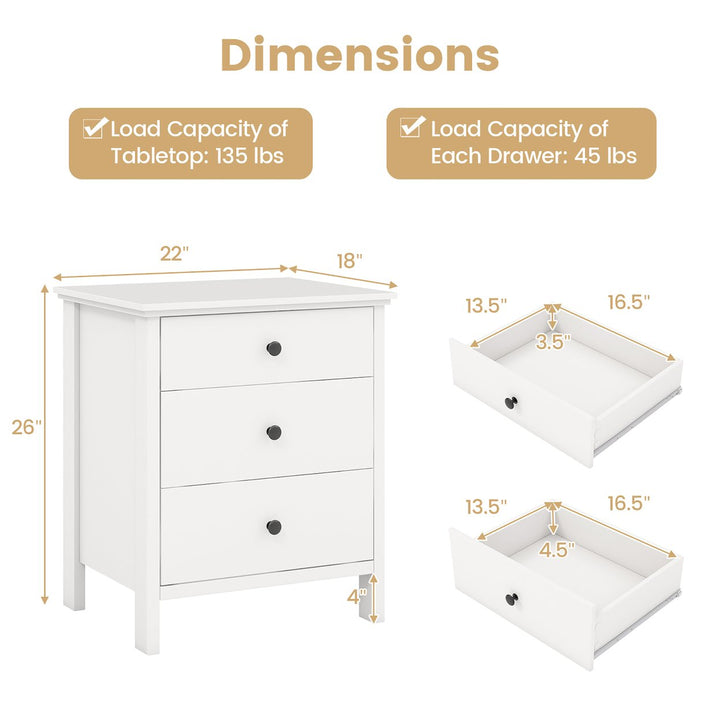 3-Drawer Nightstand Wooden Bedside Table Modern Side End Table Space-Saving White Image 3