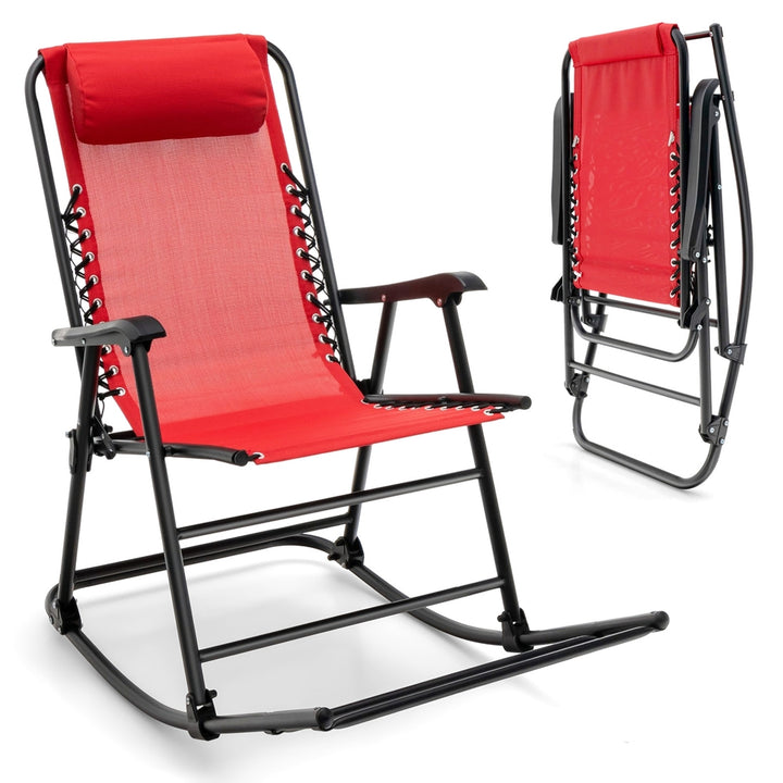 Folding Zero Gravity Rocking Chair Rocker Porch Outdoor Patio Headrest Red Image 1