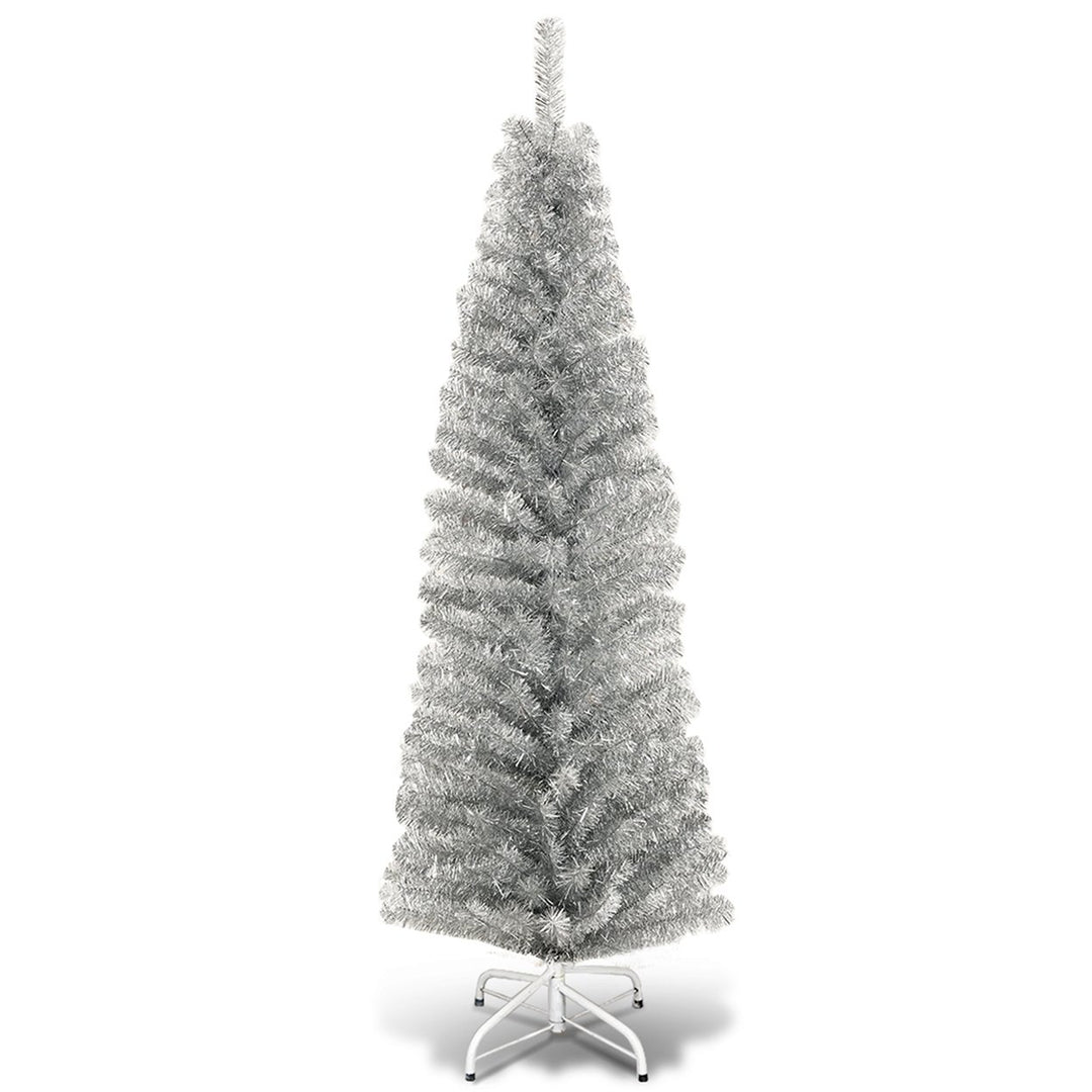 Costway 6FT Tinsel Tree Slim Pencil Christmas Tree Silver Champagne Goldblue Image 1