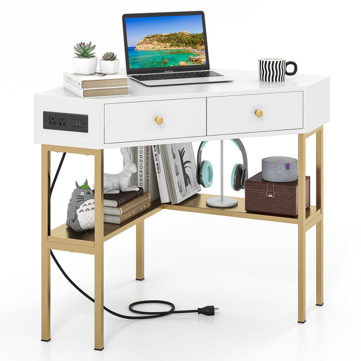 Costway Corner Computer Desk Writing Workstation Study Desk w/ 2 Drawers White\Black\Gold Image 2