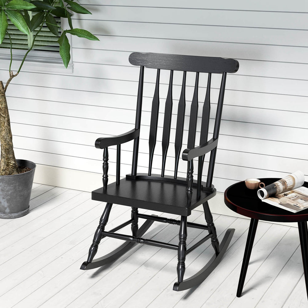 Costway Solid Wood Rocking Chair Porch Rocker Indoor Outdoor Seat Glossy Finish White\Coffee Image 2