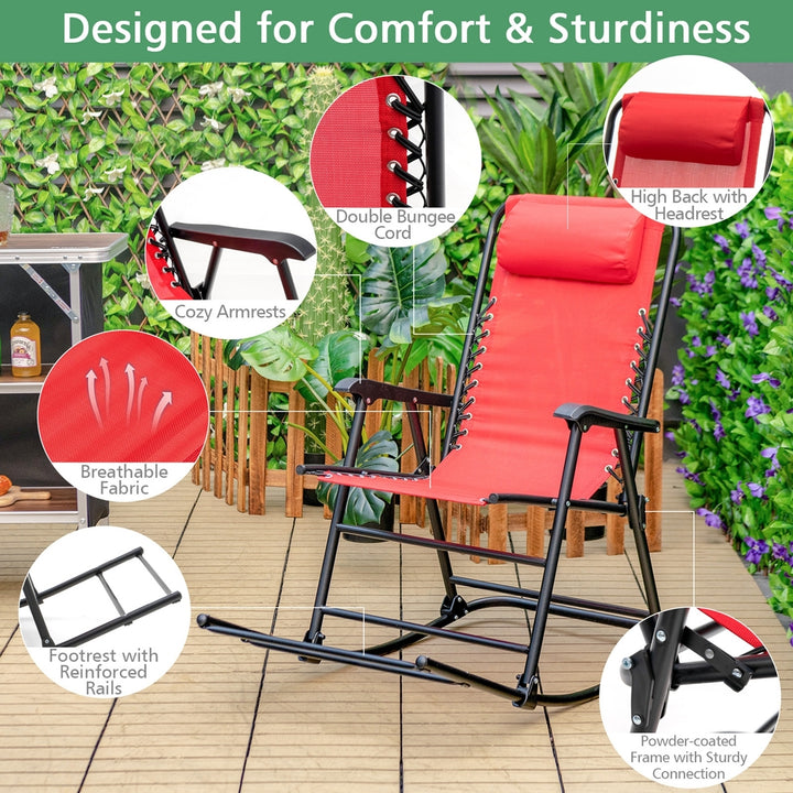 Folding Zero Gravity Rocking Chair Rocker Porch Outdoor Patio Headrest Red Image 8