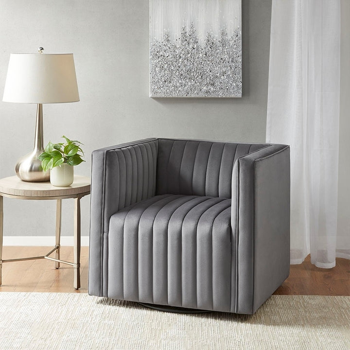 Gracie Mills Carlie Modern Grey Velvet Swivel Armchair with Channel Tufting - GRACE-14944 Image 3