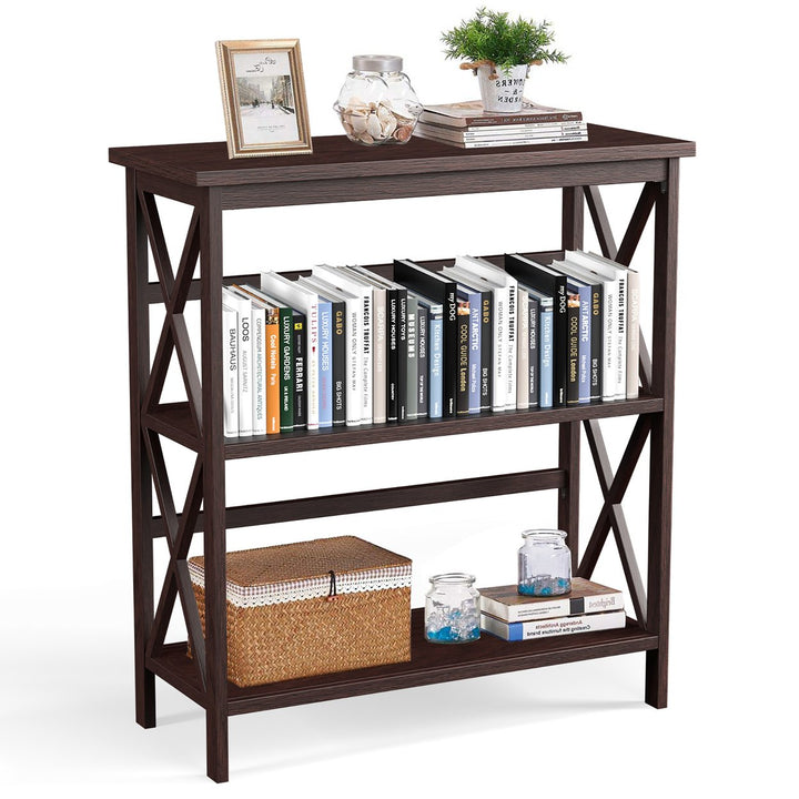 Costway Wooden Shelf Bookcase 3-Tier Open Bookshelf W/X-Design Freestanding Rack BlackBrownNaturalWhite Image 7