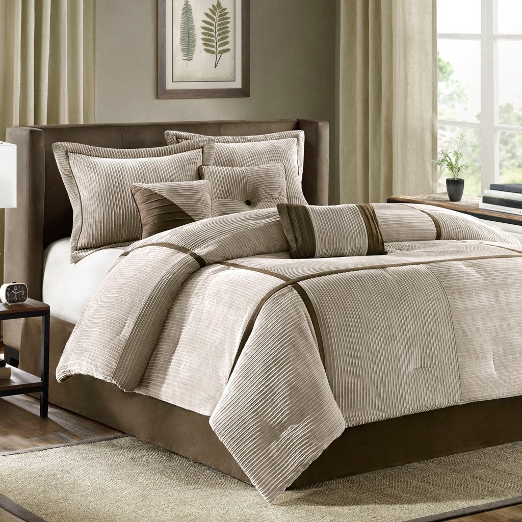 Gracie Mills Barlow 7-Piece Comforter Set Taupe Chocolate Brown GRACE-3212 Micro Corduroy Image 1